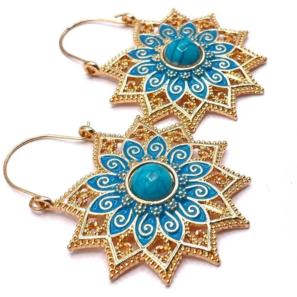 Yellow Gold with Turquoise and Blue Oil Drip Flower Drop Hinge Hook Earrings